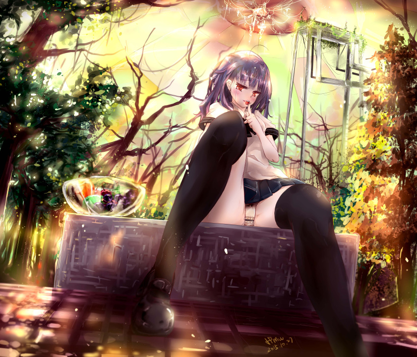 1girl absurdres black_legwear dated food fruit highres hmw_(pixiv7054584) long_hair looking_at_viewer original panties pantyshot pantyshot_(sitting) pleated_skirt purple_hair red_eyes school_uniform sitting skirt smile solo thigh-highs tongue tongue_out underwear white_panties