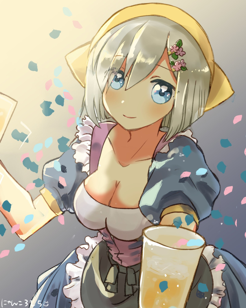 1girl alcohol alternate_costume beer beer_mug blue_eyes breasts cleavage commentary_request dirndl frills german_clothes hair_ornament hair_over_one_eye hairclip hamakaze_(kantai_collection) highres kantai_collection large_breasts looking_at_viewer misacho_(misa1001) oktoberfest puffy_short_sleeves puffy_sleeves short_hair short_sleeves silver_hair smile solo tenugui