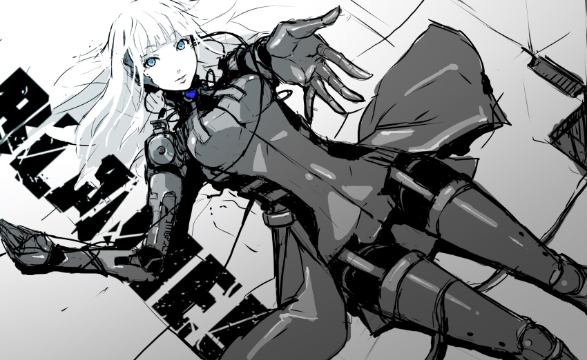 1girl ass_visible_through_thighs bangs blame! blue_eyes blunt_bangs bodysuit cable check_commentary cibo commentary_request copyright_name cyberpunk cyborg highres long_hair lying on_back pale_skin robot_joints science_fiction solo tsukasa_(evening-g-low) white_hair