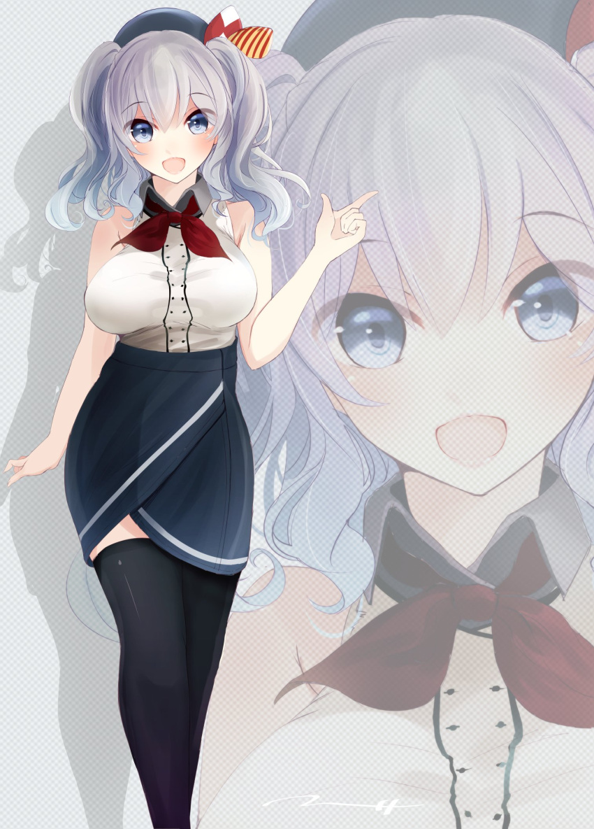 1girl :d bare_arms bare_shoulders beret black_legwear blue_eyes blue_skirt blush bow breasts buttons hat hat_bow highres kantai_collection kashima_(kantai_collection) large_breasts open_mouth red_ribbon ribbon short_hair side_slit signature silver_hair skirt smile solo standing tbd11 thigh-highs two_side_up