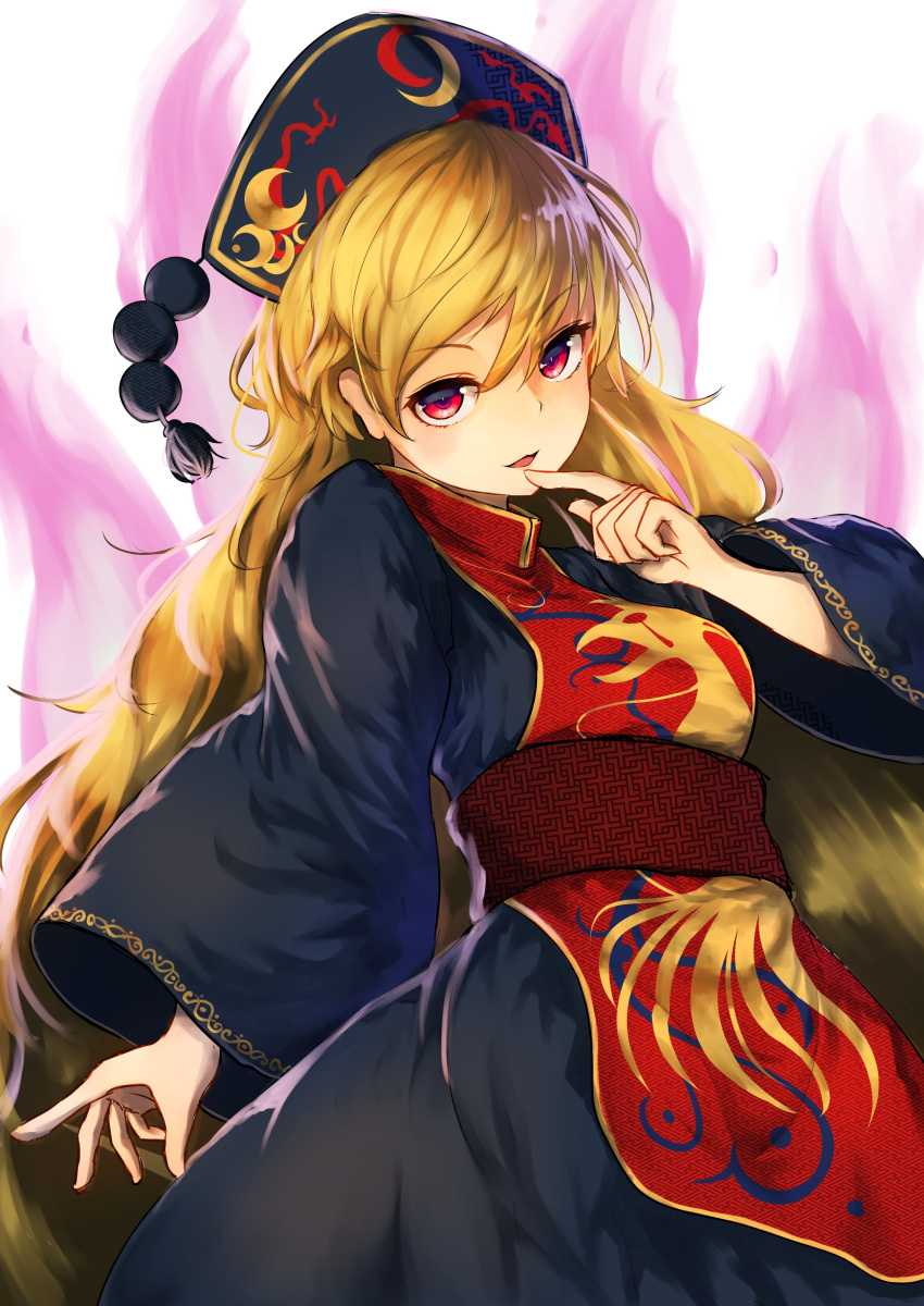 1girl absurdres black_dress blonde_hair breasts chinese_clothes cowboy_shot dress energy finger_to_mouth fox_tail hat highres junko_(touhou) long_hair long_sleeves multiple_tails obi pyonsuke_(pyon2_mfg) red_eyes sash simple_background smile solo tabard tail touhou very_long_hair white_background wide_sleeves
