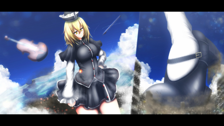 1girl blonde_hair destruction giantess hat highres instrument lunasa_prismriver mountain neva solo touhou violin yellow_eyes