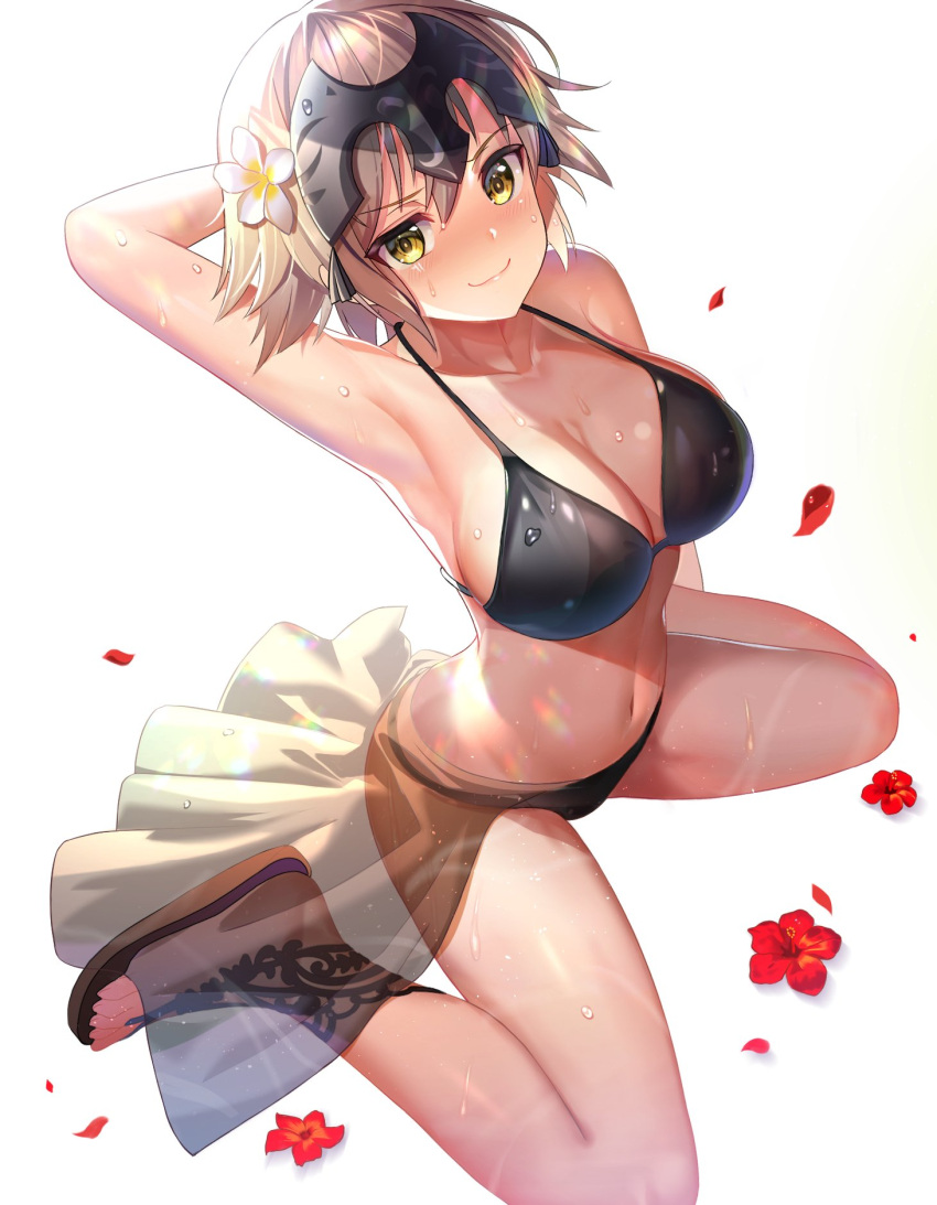 1girl arched_back arm_behind_head arm_up armpits bangs bare_arms bare_legs bare_shoulders bikini black_bikini blonde_hair blush breasts cleavage closed_mouth collarbone commentary_request eyebrows_visible_through_hair fate/grand_order fate_(series) flower from_above full_body hair_between_eyes hair_flower hair_ornament headpiece hibiscus highres jeanne_d'arc_(alter)_(fate) jeanne_d'arc_(fate)_(all) large_breasts looking_at_viewer navel nayuta_(una) petals red_flower sandals sarong see-through shiny shiny_skin short_hair sidelocks simple_background sitting skirt smile smug solo stomach swimsuit wariza water_drop wet white_background white_flower white_skirt yellow_eyes
