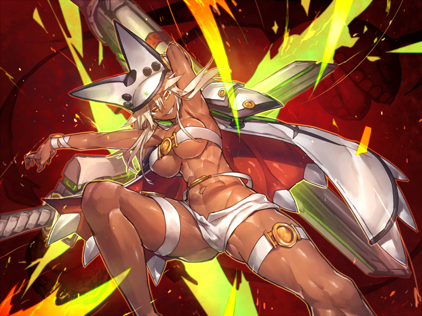 1girl arm_up armor armpits blonde_hair breasts cape dark_skin grin guilty_gear hat hat_with_ears huge_weapon katana large_breasts looking_at_viewer muscle navel ramlethal_valentine revealing_clothes short_shorts shorts smile solo strapless sword tan temmasa22 thigh_strap tubetop under_boob weapon yellow_eyes