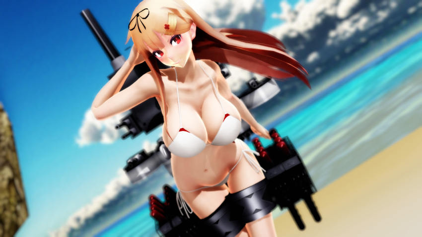 1girl 3d artist_request beach bikini breasts highres kantai_collection large_breasts looking_at_viewer mikumikudance ocean string_bikini swimsuit yuudachi_(kantai_collection)