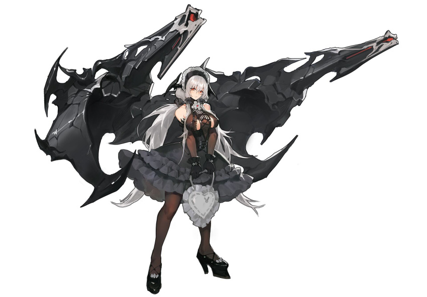 beast black_gloves black_pantyhose frilled_dress gun high_heeled large_breasts looking_at_viewer maid maid_bags maid_dress maid_headdress panzer_waltz red_eyes silver_hair twintails weapons