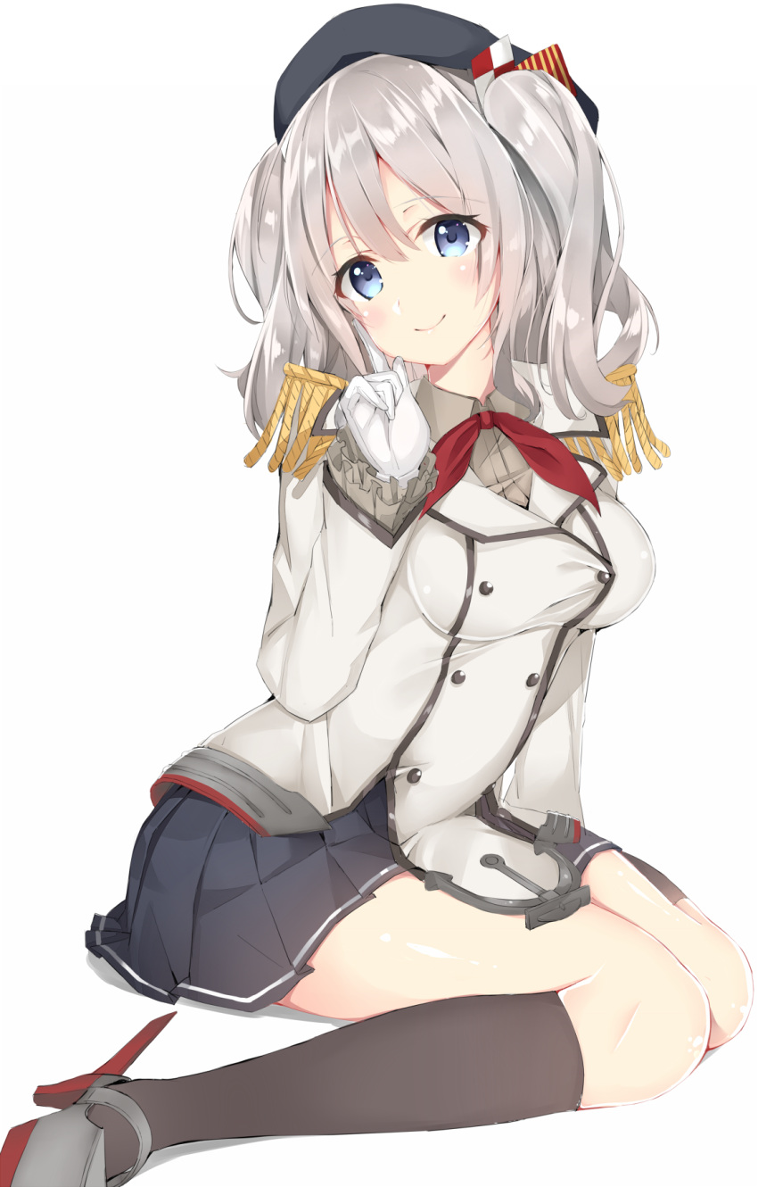 1girl beret black_legwear blue_eyes blue_gk blue_skirt blush bow collared_shirt epaulettes frilled_sleeves frills grey_shirt grey_shoes hat hat_bow head_tilt highres index_finger_raised kantai_collection kashima_(kantai_collection) kneehighs long_sleeves looking_at_viewer military military_uniform pleated_skirt red_ribbon ribbon shiny shiny_skin shirt shoes short_hair silver_hair sitting skirt smile solo two_side_up uniform wariza
