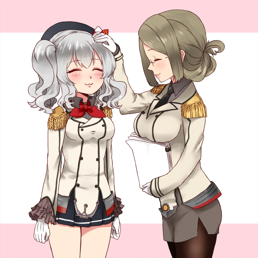 2girls breasts brown_hair closed_eyes commentary_request folded_ponytail glasses gloves hand_on_another's_head hat highres kantai_collection kashima_(kantai_collection) katori_(kantai_collection) kobone large_breasts long_hair military military_uniform miniskirt multiple_girls pantyhose papers siblings silver_hair skirt smile twintails uniform