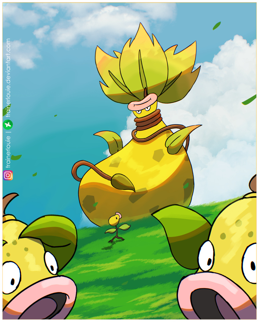 absurdres bellsprout blue_sky border closed_mouth clouds commentary day deviantart_logo deviantart_username evolutionary_line grass highres instagram_logo instagram_username leaf mega_pokemon mega_victreebel no_humans open_mouth outdoors pink_lips plant pokemon pokemon_(creature) pokemon_focus sky trainerlouie victreebel vines weepinbell white_border
