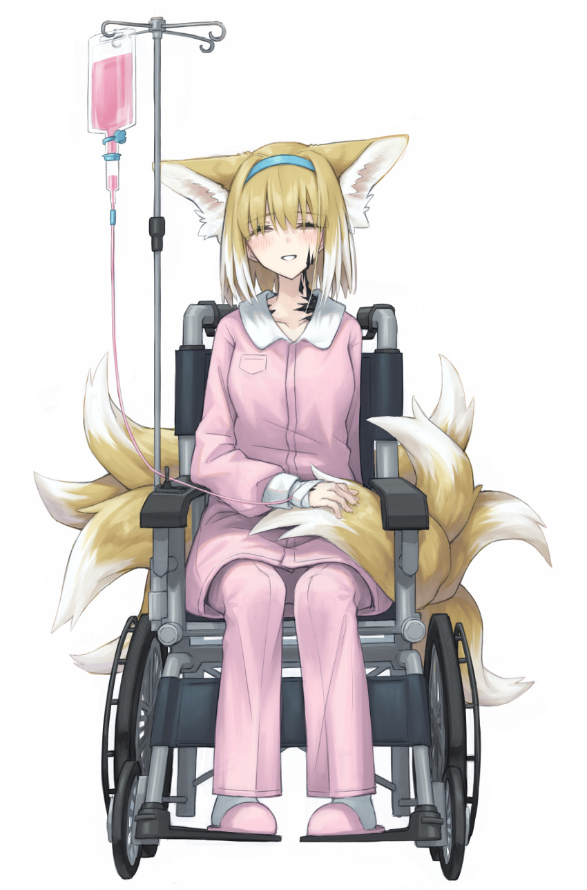 1girl absurdres amputee animal_ears arknights bandaged_hand bandages blonde_hair blue_hairband closed_eyes colored_tips commentary_request extra_ears facing_viewer fox_ears fox_girl fox_tail full_body hairband highres hospital_gown intravenous_drip kitsune kyuubi long_sleeves multicolored_hair multiple_tails official_alternate_costume pajamas pants parted_lips pink_pajamas pink_pants pink_shirt pink_slippers semi_colon shirt short_hair simple_background sitting slippers smile solo suzuran_(arknights) tail wheelchair white_background white_hair