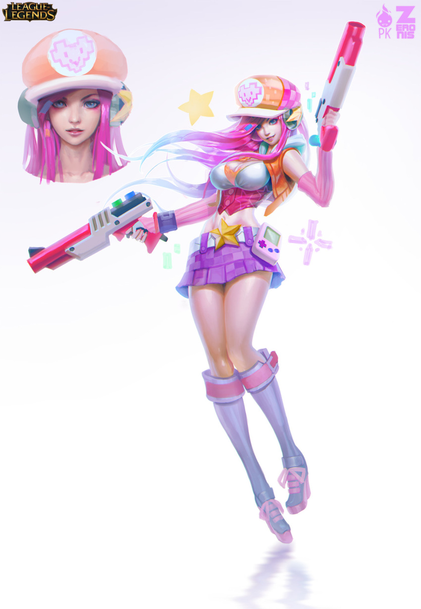 1girl alternate_costume arcade_(league_of_legends) artist_name blue_eyes boots breasts cabbie_hat cleavage detached_sleeves dual_wielding full_body game_boy handheld_game_console hat highres hoodie large_breasts league_of_legends light_gun long_hair looking_at_viewer midriff navel parted_lips paul_kwon pink_hair sarah_fortune skirt smile solo standing star vest white_background