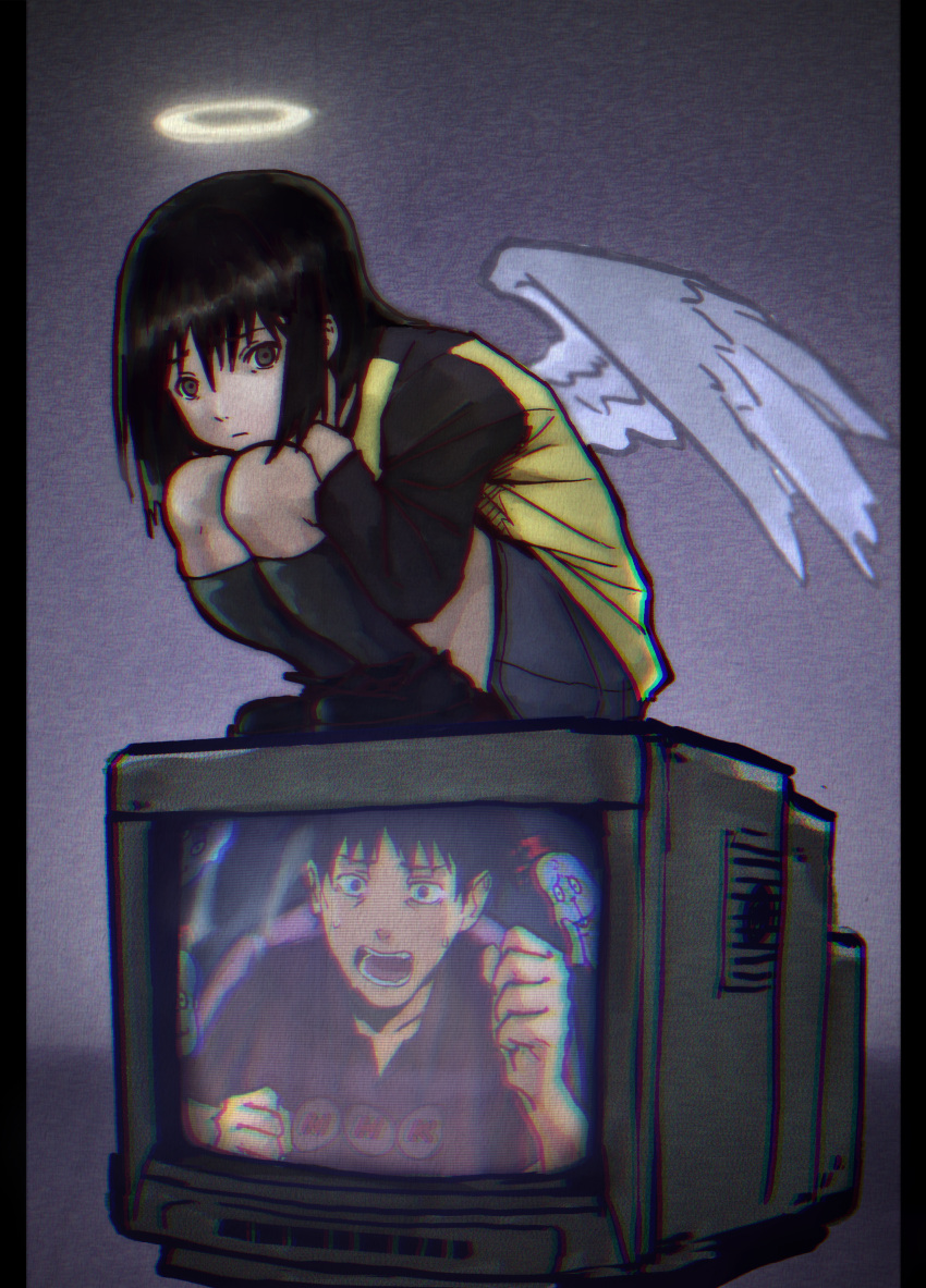 1boy 1girl :| absurdres angel black_border black_hair black_shirt black_shoes black_socks blue_skirt bob_cut border clenched_hands closed_mouth commentary crt curled_up denim denim_skirt expressionless film_grain hair_between_eyes halo hands_on_own_knees highres hikikomori_alien kneehighs long_sleeves looking_at_viewer looking_to_the_side nakahara_misaki nhk_(broadcaster) nhk_ni_youkoso! on_television pillarboxed purple_shirt raglan_sleeves romaji_commentary sanketsu_(user_zxmp2323) satou_tatsuhiro shirt shoes short_hair shouting skirt socks squatting sweat television yellow_shirt