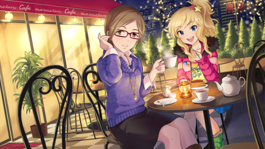 2girls aikawa_chinatsu artist_request blonde_hair blue_eyes brown_hair glasses highres idolmaster idolmaster_cinderella_girls idolmaster_cinderella_girls_starlight_stage jewelry multiple_girls necklace official_art ootsuki_yui short_hair