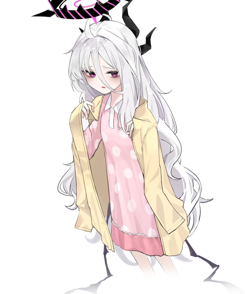 1girl absurdres ahoge bags_under_eyes black_halo black_horns blue_archive d: demon_girl demon_horns demon_wings double-parted_bangs exhausted eyebrows_hidden_by_hair feet_out_of_frame frown furrowed_brow grey_hair hair_between_eyes hair_intakes halo hand_up highres hina_(blue_archive) hina_(pajamas)_(blue_archive) horns jacket jacket_on_shoulders ka_keo long_hair long_hair_between_eyes long_sleeves looking_at_viewer low_wings multiple_horns official_alternate_costume open_clothes open_jacket open_mouth pajamas pink_pajamas polka_dot polka_dot_pajamas sidelocks simple_background solo sparkling_eyes standing very_long_hair violet_eyes white_background wings yellow_jacket