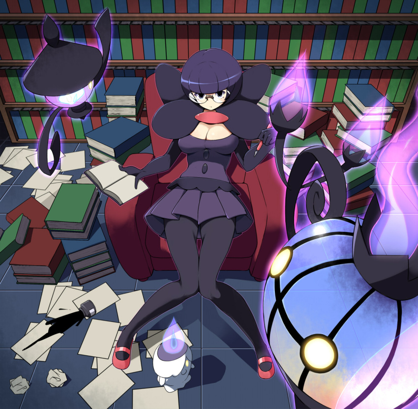 1girl bob_cut book breasts chandelure cleavage elite_four fire ghost glasses highres ink lampent library litwick looking_at_viewer pantyhose paper pen pokemon pokemon_(creature) pokemon_(game) pokemon_bw purple_fire purple_hair purple_skirt round_glasses shikimi_(pokemon) short_hair sitting skirt tm_(hanamakisan) violet_eyes