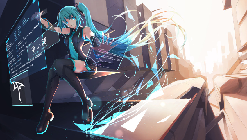 1girl absurdres aoi_kao_(lsz7106) aqua_eyes aqua_hair boots detached_sleeves hatsune_miku highres holographic_interface long_hair necktie sitting skirt smile solo thigh-highs thigh_boots twintails very_long_hair vocaloid