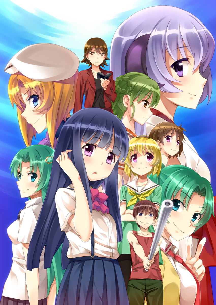 1boy 6+girls akasaka_miyuki artist_request baseball_bat beret blonde_hair blush bow brown_eyes brown_hair formal furude_rika green_hair hanyuu hat highres higurashi_no_naku_koro_ni horns houjou_satoko japanese_clothes kimiyoshi_natsumi long_hair looking_at_viewer maebara_keiichi miko minai_tomoe multiple_girls necktie official_art open_mouth profile ryuuguu_rena school_uniform siblings sisters smile sonozaki_mion sonozaki_shion suit suspenders twins twintails