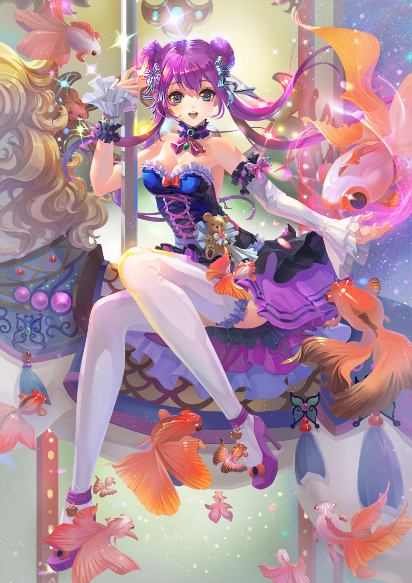 1girl aqua_eyes bare_shoulders breasts carousel cleavage collarbone detached_sleeves double_bun dress fish goldfish hair_ribbon high_heels highres horse long_hair original purple_hair ribbon sitting smile solo sparkle thigh-highs twintails wrist_cuffs