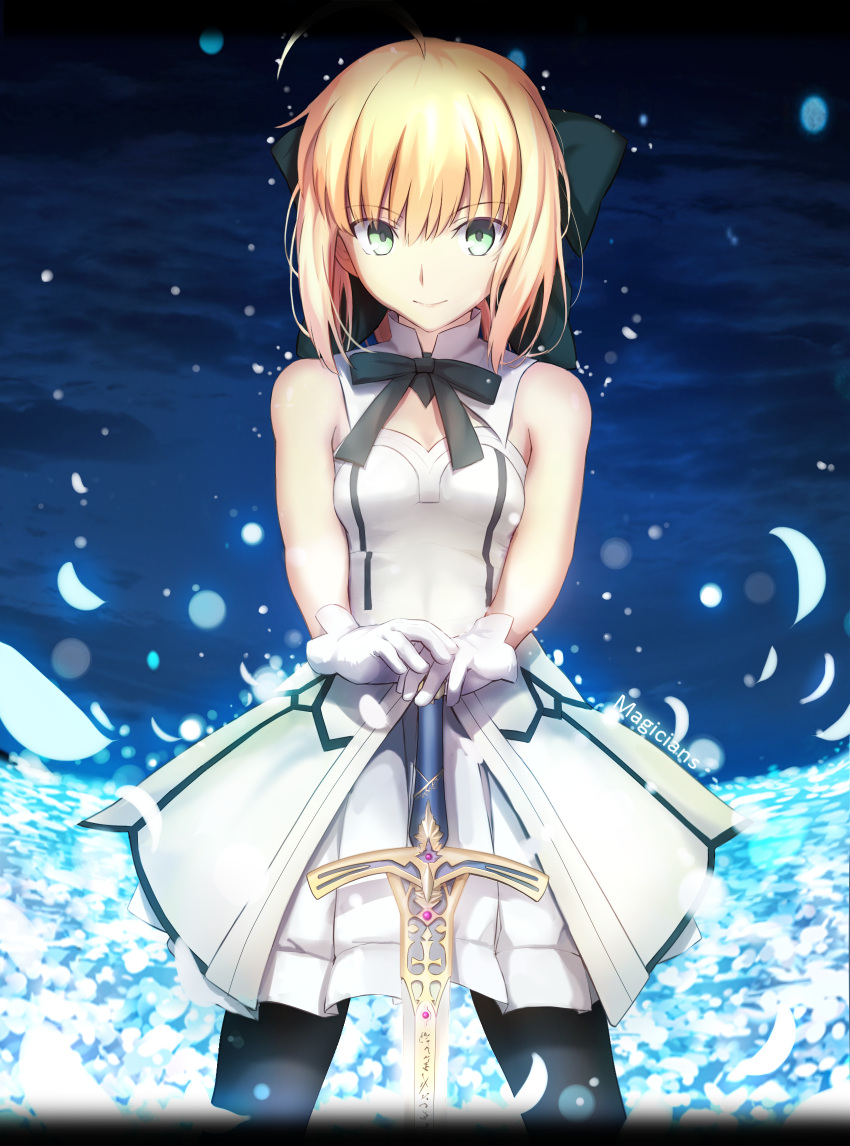 1girl bare_arms black_legwear blonde_hair bow breasts dress fate/stay_night fate_(series) green_eyes hair_bow hand_on_hilt highres magicians_(zhkahogigzkh) pantyhose petals ribbon saber saber_lily smile solo sword weapon