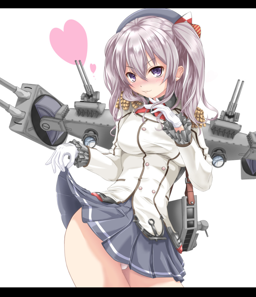 1girl blue_eyes breasts epaulettes gloves hat heart highres kantai_collection kashima_(kantai_collection) large_breasts looking_at_viewer maimu_(gol-em-1226) military military_uniform miniskirt panties pantyshot silver_hair skirt skirt_lift smile solo twintails underwear uniform wavy_hair