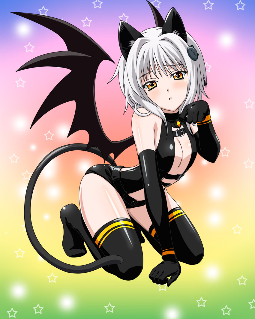1girl animal_ears black_legwear breasts cat_ears cat_hair_ornament cat_tail cleavage demon_wings detached_sleeves flat_chest gloves hair_ornament high_school_dxd highres looking_at_viewer short_hair silver_hair solo tail thigh-highs toujou_koneko wings yellow_eyes