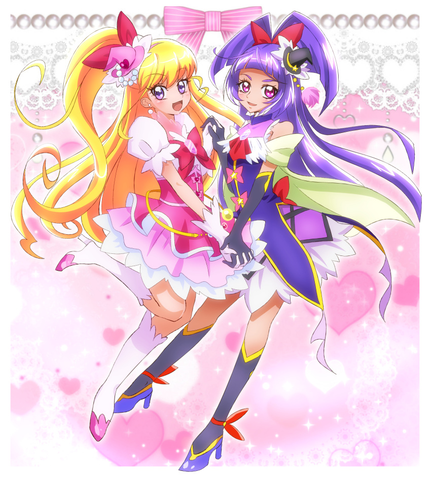2girls artist_request asahina_mirai blonde_hair blush cure_magical cure_miracle dress duo gloves happy izayoi_liko long_hair magical_girl mahou_girls_precure! mahou_shoujo pink_eyes purple_eyes side_ponytail source_request violet_hair