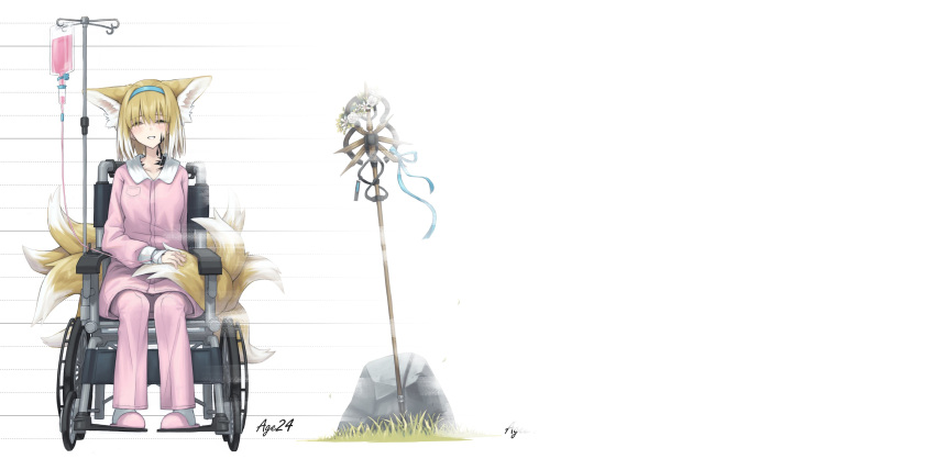 1girl absurdres animal_ears arknights bandaged_hand bandages blonde_hair blue_hairband character_age closed_eyes colored_tips commentary_request death fox_ears fox_girl fox_tail hairband highres hospital_gown intravenous_drip kitsune kyuubi multicolored_hair multiple_tails official_alternate_costume pajamas pants parted_lips pink_pajamas pink_pants pink_shirt pink_slippers semi_colon shirt short_hair sitting slippers solo suzuran_(arknights) suzuran_(pajamas)_(arknights) tail wheelchair white_hair