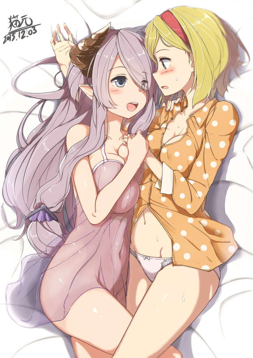 2girls bed_sheet black_eyes blonde_hair blue_eyes blush bow bow_panties breast_press breasts chemise cleavage covered_navel dated demon_horns djeeta_(granblue_fantasy) eye_contact granblue_fantasy hair_over_one_eye hairband hand_on_another's_shoulder highres holding_hands horns large_breasts leg_between_thighs long_hair looking_at_another lying multiple_girls narumeia_(granblue_fantasy) navel on_side open_mouth pajamas panties profile sakamoto-cat see-through short_hair signature silver_hair smile underwear white_panties yuri