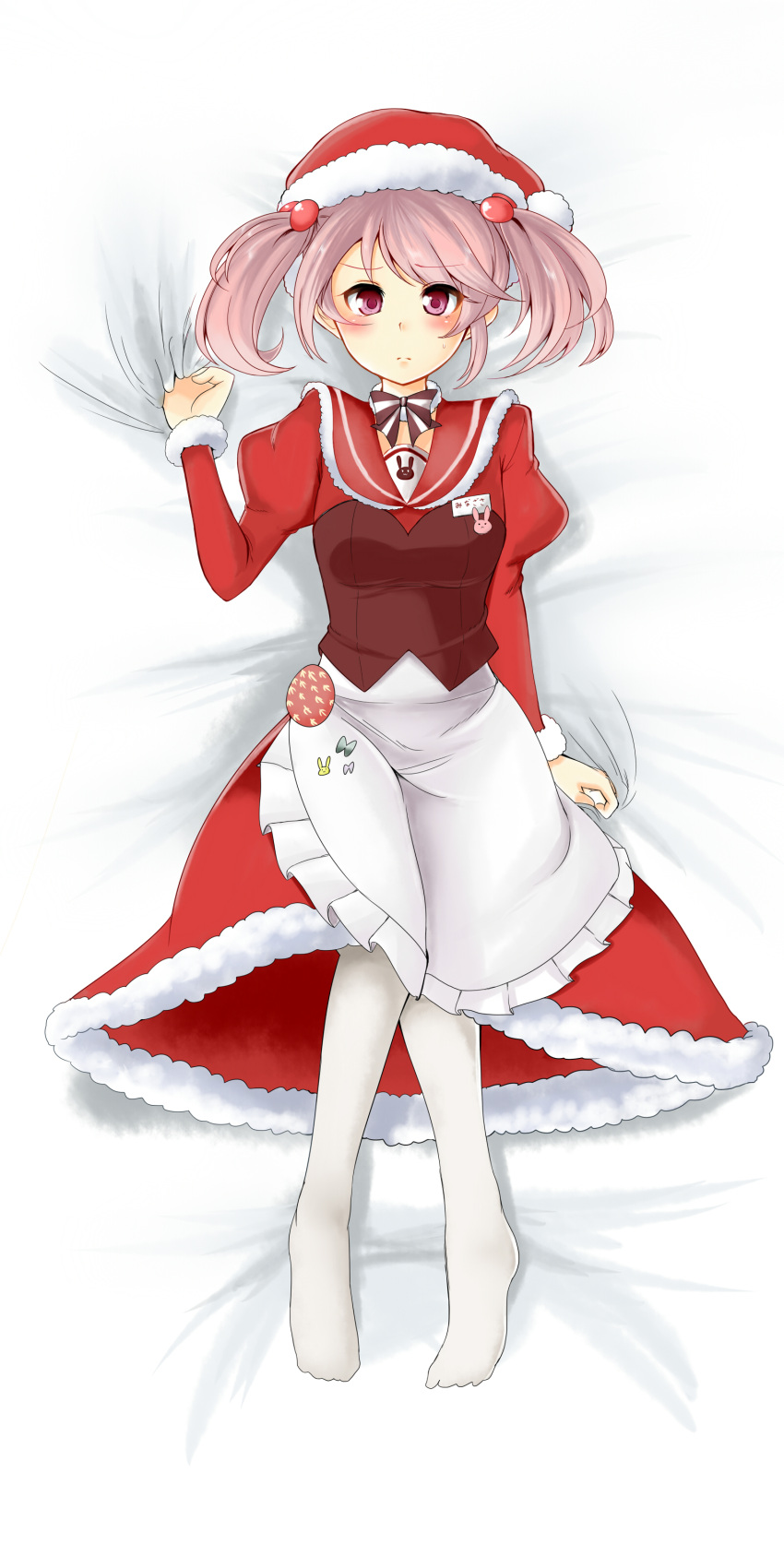 10eki_(tenchou) 1girl :&lt; :3 absurdres alternate_costume apron badge blush bow christmas commentary_request dress full_body hair_bobbles hair_ornament hat highres kantai_collection knees_together_feet_apart long_skirt long_sleeves looking_at_viewer lying maid_apron on_back pink_eyes pink_hair pins puffy_long_sleeves puffy_sleeves ribbon santa_costume santa_hat sazanami_(kantai_collection) short_hair short_twintails simple_background skirt solo striped striped_bow sweatdrop thigh-highs twintails waist_apron white_background white_legwear