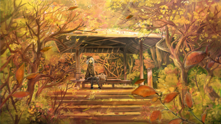 1girl architecture autumn autumn_leaves bag bare_tree black_legwear east_asian_architecture grass long_sleeves original outdoors scenery shoes short_hair sitting skirt solo sonidoriy stairs sunlight tree