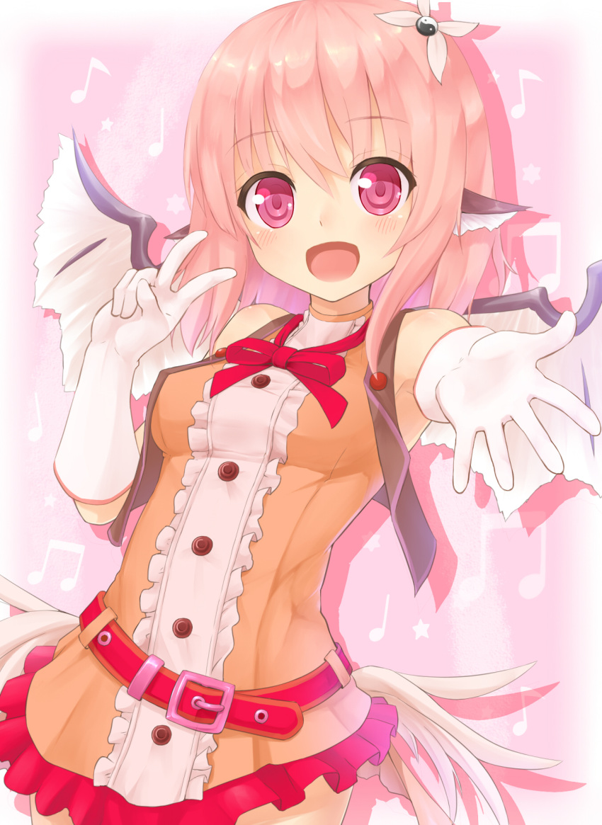 1girl alternate_costume animal_ears belt bird_wings brown_dress dress elbow_gloves gloves hair_ornament highres idol looking_at_viewer musical_note mystia_lorelei open_clothes open_mouth open_vest pink_eyes pink_hair shiron_(e1na1e2lu2ne3ru3) sleeveless sleeveless_dress smile solo touhou vest white_gloves wings