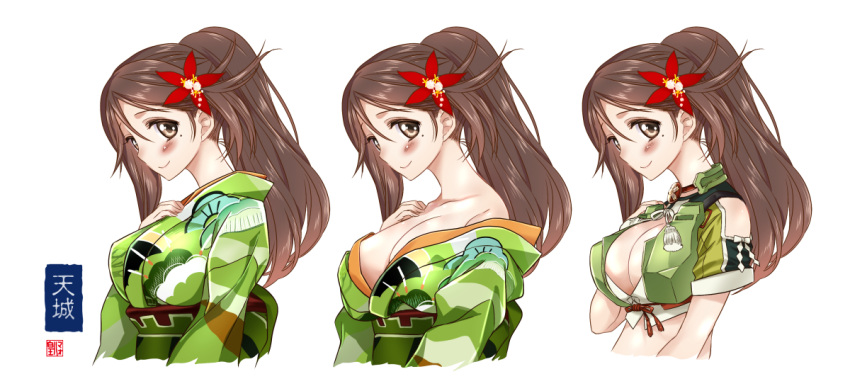 1girl amagi_(kantai_collection) bare_shoulders breasts brown_eyes brown_hair camouflage character_name cleavage_cutout collarbone colored_eyelashes commentary_request convenient_censoring crop_top flower from_side furisode hair_flower hair_ornament hand_on_own_chest japanese_clothes kantai_collection kimono large_breasts light_smile long_hair looking_at_viewer midriff mole mole_under_eye multiple_persona off_shoulder ponytail remodel_(kantai_collection) short_sleeves simple_background sumeragi_hamao upper_body