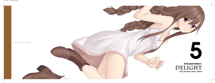 1girl bare_shoulders boots braid brown_hair couzone dress looking_at_viewer low_twintails original solo tagme twin_braids twintails violet_eyes white_dress