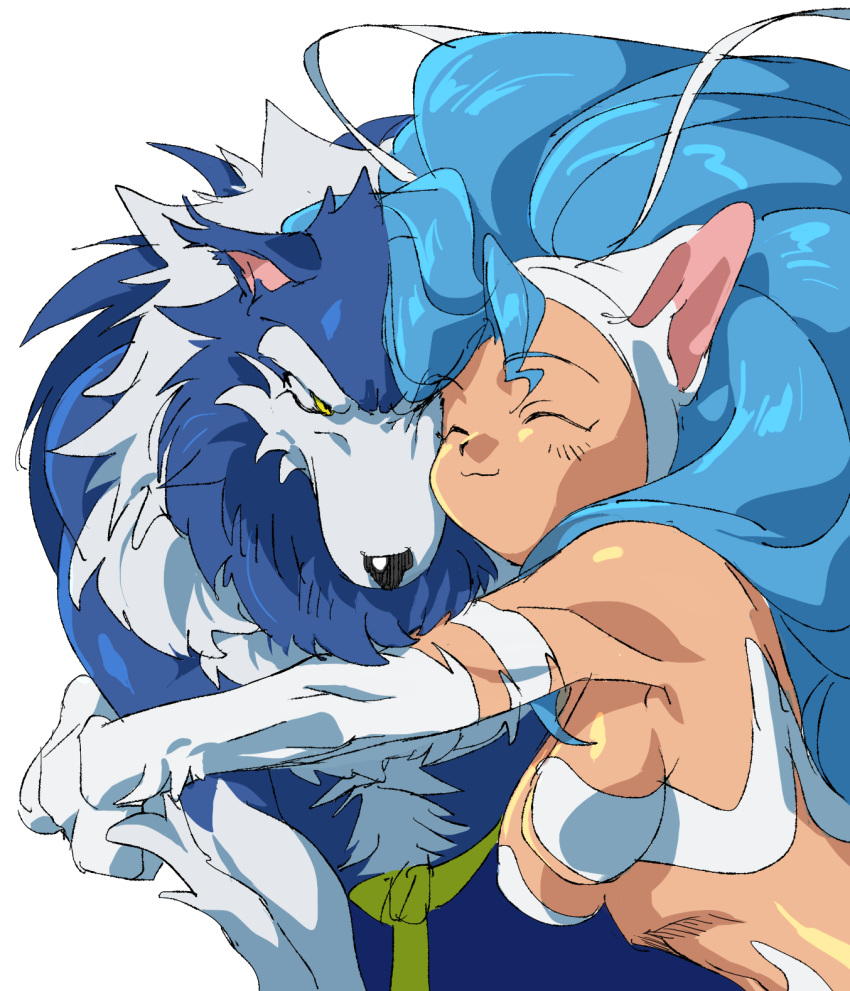 1girl :3 animal_ears bai_mei_(unko1172) blue_hair cat_ears cat_girl closed_eyes felicia fur gallon happy highres hug vampire_(game) werewolf