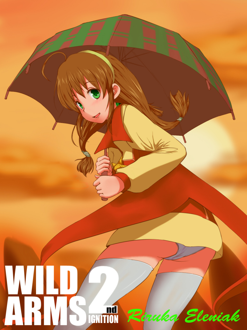 1girl ahoge blush brown_hair cape coat green_eyes hair_ornament hairband hexagram highres lilka_eleniak long_hair low-tied_long_hair open_mouth panties raseruta sidelocks skirt smile solo thigh-highs twintails umbrella underwear upskirt white_legwear wild_arms wild_arms_2