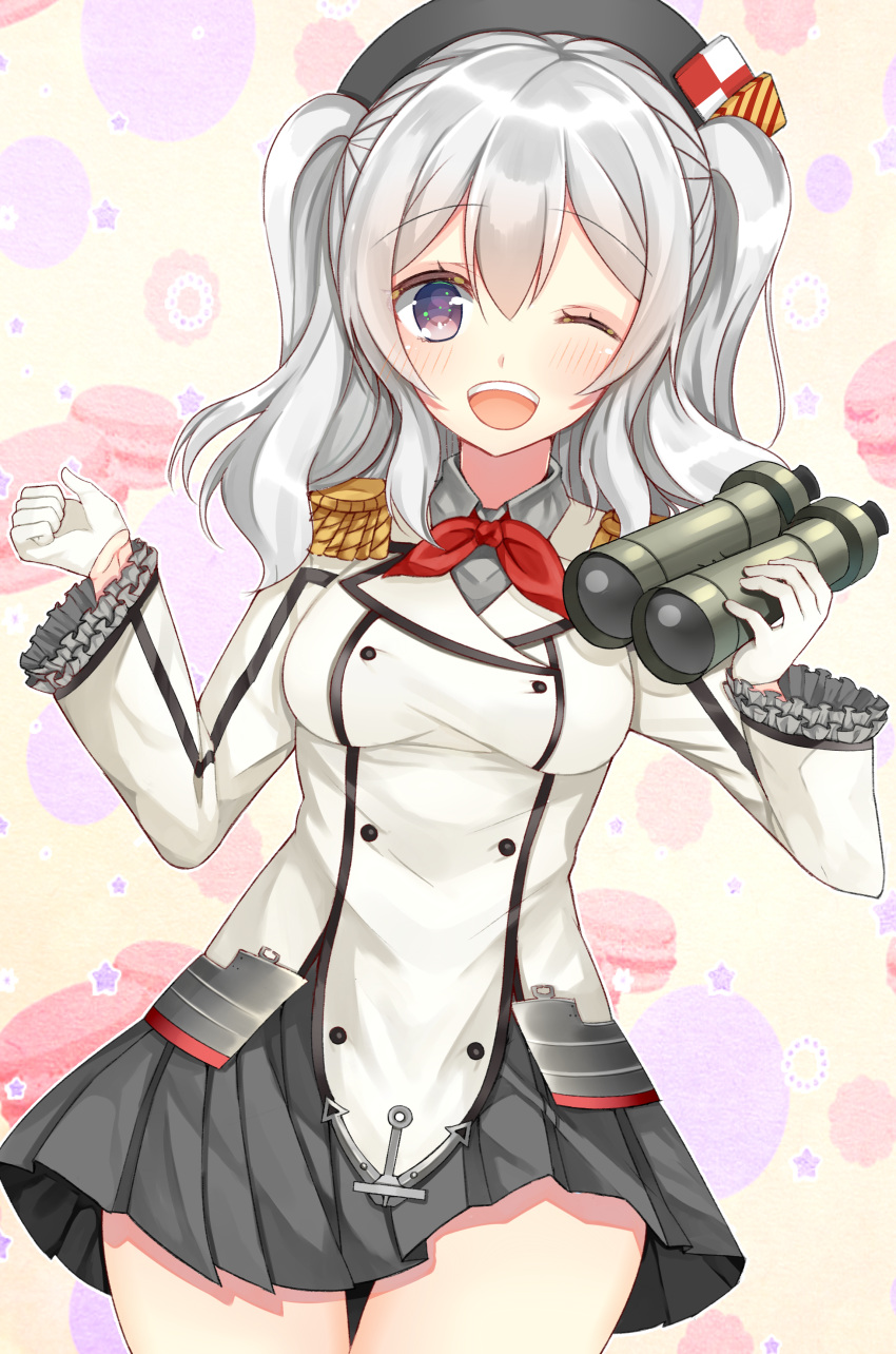 1girl absurdres binoculars blue_eyes breasts epaulettes gloves hat highres kantai_collection kashima_(kantai_collection) looking_at_viewer military military_uniform miniskirt nan_(jyomyon) one_eye_closed silver_hair skirt smile solo twintails uniform wavy_hair