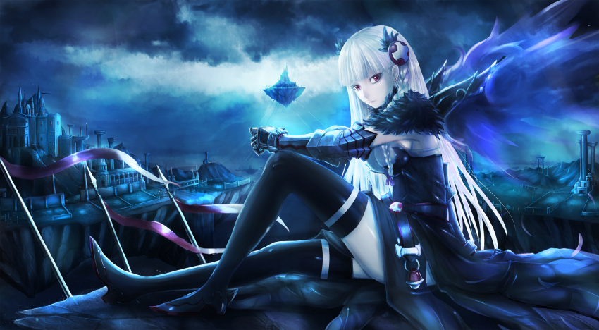 1girl aka_(440626) black_valkyrie_(p&amp;d) braid earrings gauntlets highres jewelry long_hair puzzle_&amp;_dragons red_eyes single_braid sitting solo thigh-highs white_hair wings zettai_ryouiki