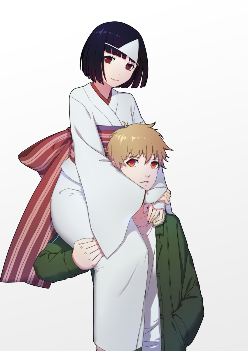 1boy 1girl arm_around_neck bangs black_hair blonde_hair blunt_bangs closed_mouth daye_bie_qia_lian gloves gradient gradient_background green_jacket hand_in_pocket hand_on_another's_thigh head_tilt highres jacket japanese_clothes kimono long_hair looking_at_viewer nora_(noragami) noragami obi orange_eyes parted_lips red_eyes sash shirt short_hair sitting_on_shoulder smile striped t-shirt triangular_headpiece yukine_(noragami)