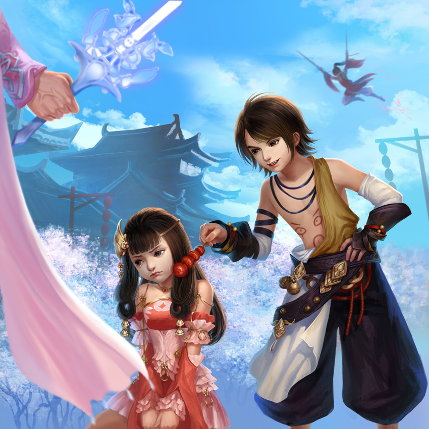 1boy 1girl baggy_pants bare_shoulders blue_sky brown_eyes brown_hair building character_request clouds dress dual_wielding hair_ornament hand_on_hip highres holding_sword holding_weapon jewelry jx3 jx_online pants pendant pink_dress sanmeosore_ryuuebi sky smile sword tears tree twintails veins weapon