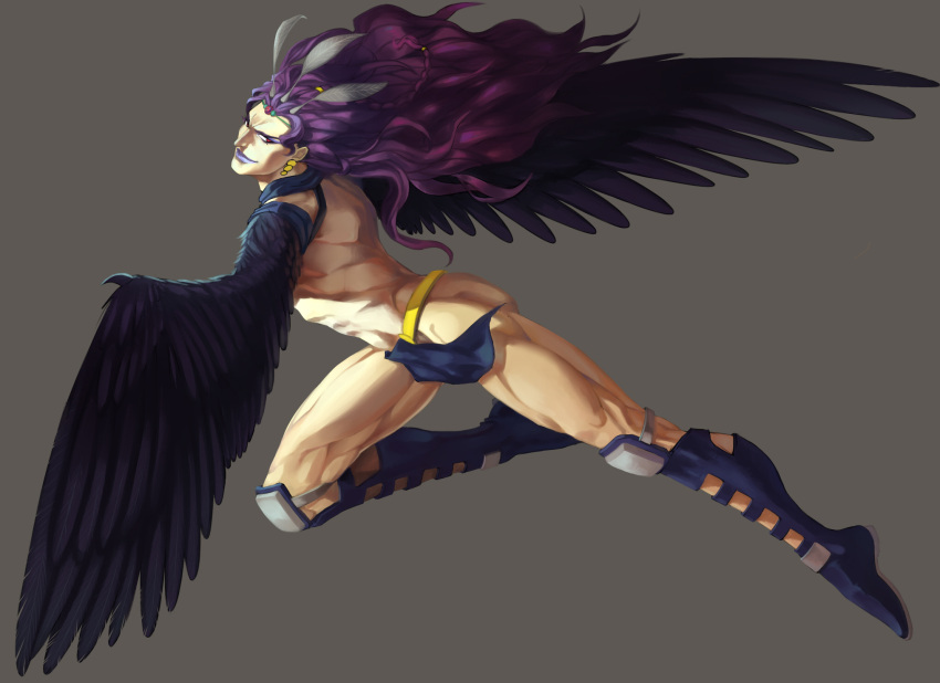 1boy boots earrings evil_smile feathered_wings feathers full_body headband highres huang_dian jewelry jojo_no_kimyou_na_bouken kars_(jojo) knee_pads lipstick loincloth long_hair makeup male_focus muscle purple_boots purple_hair purple_lipstick red_eyes smile solo wings