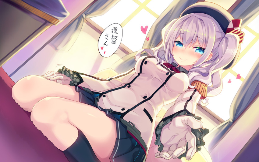1girl blue_eyes blush commentary_request curtains gloves hat heart jacket kantai_collection kashima_(kantai_collection) long_hair long_sleeves looking_at_viewer military military_uniform minamura_haruki miniskirt outstretched_hand patting pleated_skirt silver_hair sitting skirt smile solo translated twintails uniform wariza white_gloves window