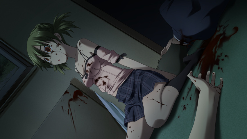 1boy 1girl artist_request black_hair black_legwear blood blood_on_face blood_splatter bloody_clothes breasts brown_eyes cleavage dead_body death empty_eyes formal game_cg green_hair higurashi_no_naku_koro_ni kimiyoshi_natsumi official_art open_mouth seiza sitting spoilers suit twintails