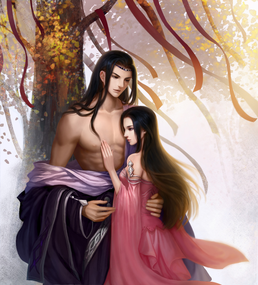 1boy 1girl arm_around_waist black_hair brown_eyes character_request circlet collarbone dress hand_on_another's_chest highres jx3 jx_online leaf long_hair muscle pink_dress sanmeosore_ryuuebi tree