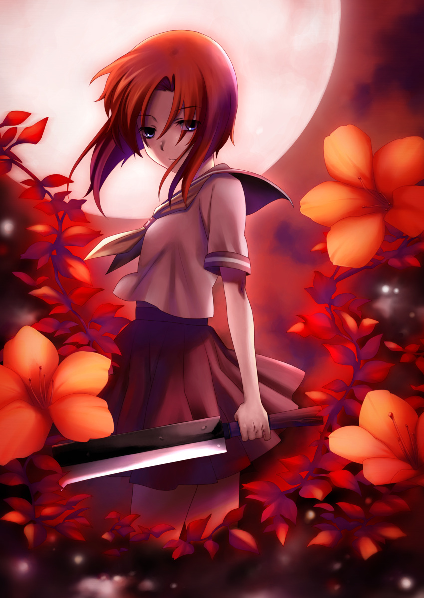 1girl artist_check blue_eyes cleaver cover flower game_cover highres higurashi_no_naku_koro_ni looking_at_viewer moon official_art rato red school_uniform serafuku serious short_hair sky solo weapon wind
