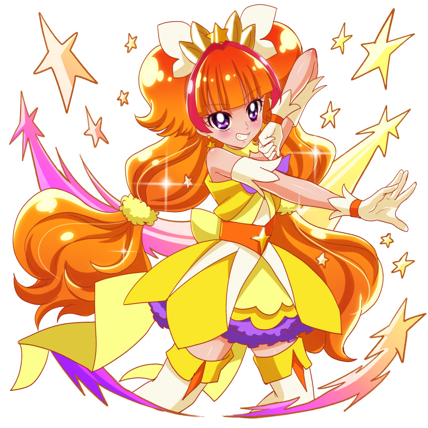 1girl absurdres amanogawa_kirara brown_hair cowboy_shot cure_twinkle earrings gloves go!_princess_precure grin highres jewelry long_hair magical_girl multicolored_hair precure quad_tails redhead sharumon skirt smile solo star star_earrings streaked_hair thigh-highs twintails two-tone_hair violet_eyes white_background white_gloves white_legwear