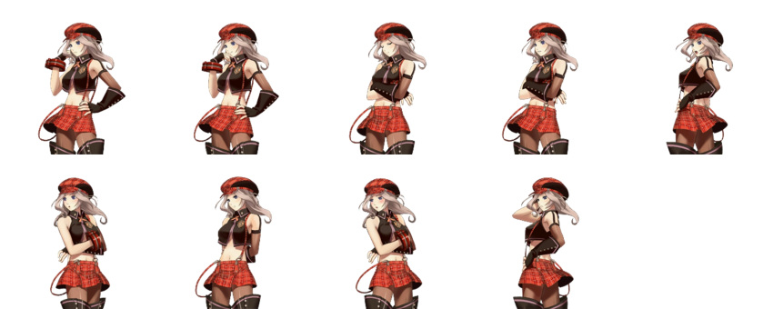1girl alisa_ilinichina_amiella arms_up blue_eyes blush breasts cabbie_hat elbow_gloves fingerless_gloves gloves god_eater god_eater_burst hat highres long_hair navel official_art open_clothes plaid pleated_skirt project_x_zone screencap silver_hair skirt solo thigh-highs under_boob