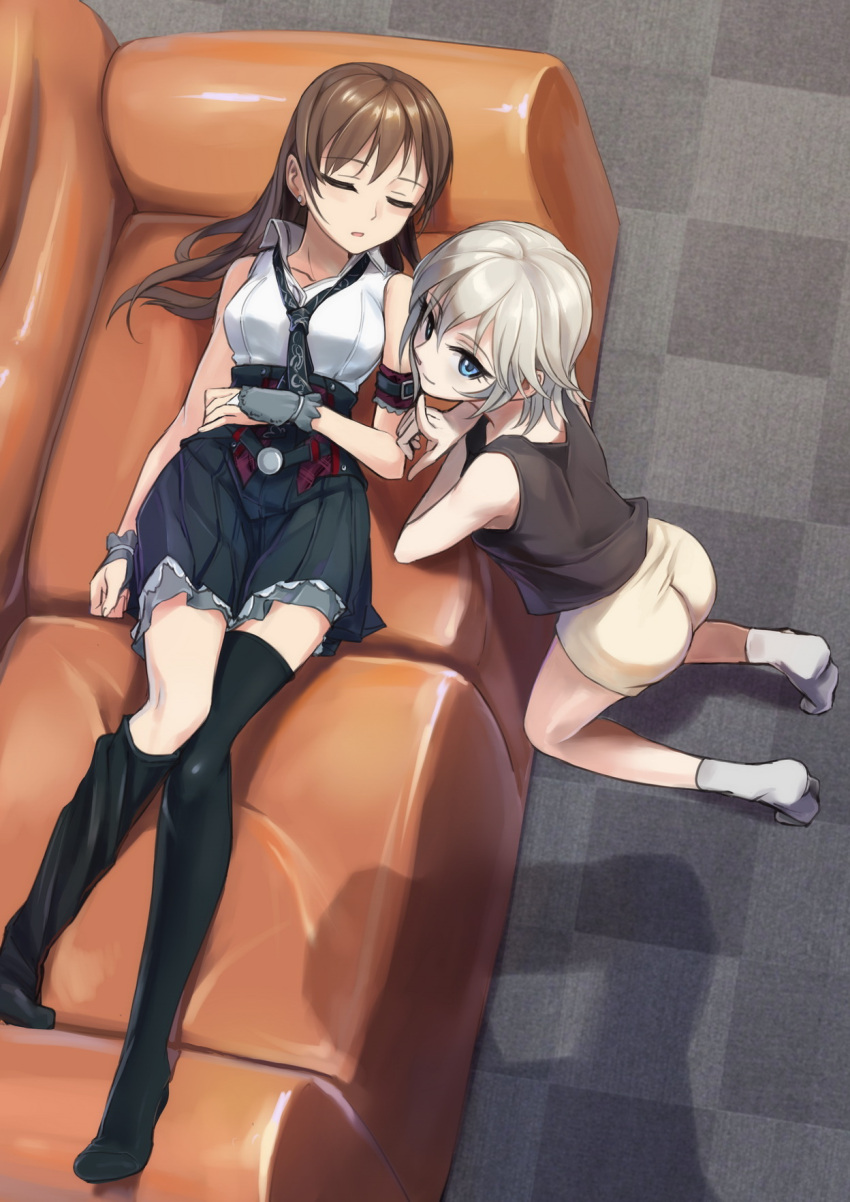 2girls anastasia_(idolmaster) arm_belt ass bangs belt black_legwear blue_eyes brown_hair buckle checkered checkered_floor closed_eyes closed_mouth couch earrings finger_to_mouth from_above hair_between_eyes highres idolmaster idolmaster_cinderella_girls index_finger_raised jewelry kisetsu kneehighs kneeling long_hair lying multiple_girls necktie nitta_minami no_shoes on_back on_couch revision shadow short_hair shorts shushing silver_hair single_kneehigh single_thighhigh skirt sleeping sleeveless smile socks tank_top thigh-highs white_legwear wrist_cuffs