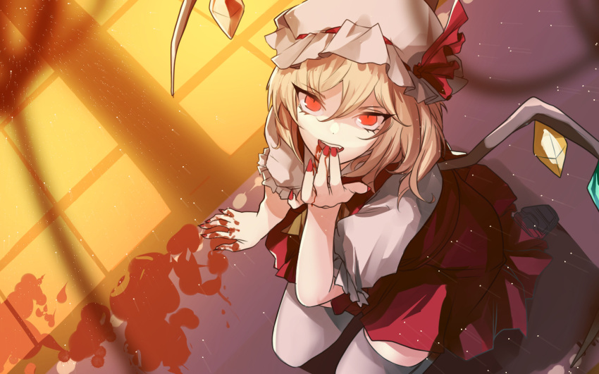 1girl blonde_hair blood blood_in_mouth bloody_hands crystal eredhen fang flandre_scarlet from_above hat hat_ribbon kneeling light_particles looking_at_viewer mob_cap nail_polish open_mouth puffy_sleeves red_eyes ribbon shirt short_sleeves side_ponytail skirt skirt_set smile solo thigh-highs touhou vest white_legwear wings zettai_ryouiki
