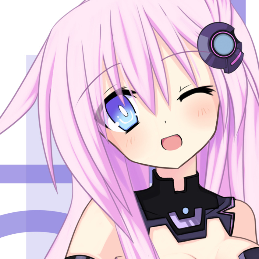 1girl blue_eyes blush close-up hair_ornament long_hair meimu_(infinity) nepgear neptune_(series) one_eye_closed pink_hair purple_sister smile symbol-shaped_pupils