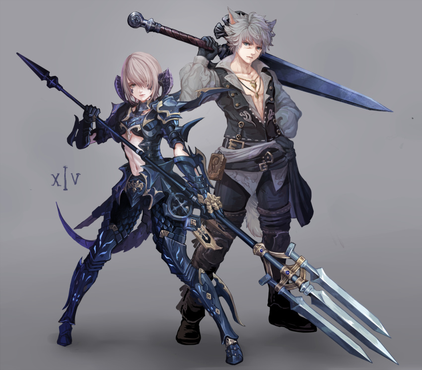 1boy 1girl animal_ears armor au_ra bag bangs belt black_gloves blue_eyes boots cat_ears closed_mouth contrapposto copyright_name cross dark_knight_(final_fantasy) dragon_girl dragon_horns dragon_tail dragoon_(final_fantasy) facial_mark final_fantasy final_fantasy_xiv full_body gauntlets gloves grey_background grey_hair grey_shirt hair_over_one_eye hand_in_pocket highres holding_sword holding_weapon horns jewelry legs_apart long_sleeves looking_at_viewer miqo'te navel necklace over_shoulder pants polearm revision scales senano-yu shirt short_hair silver_hair standing sword sword_over_shoulder tail trident vest weapon weapon_over_shoulder